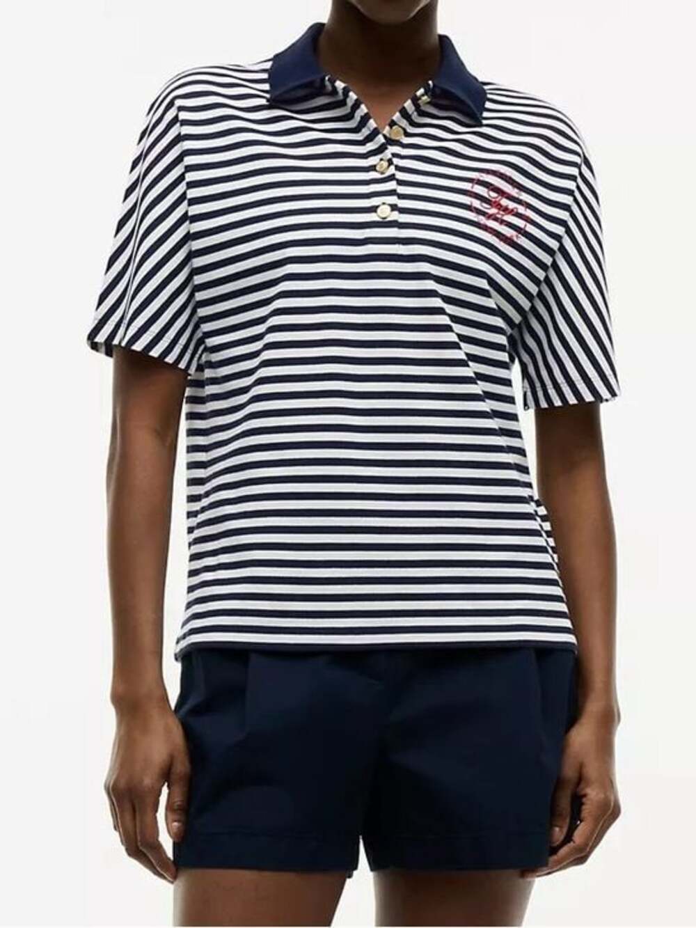 Tommy Hilfiger Golf Navy White Stripe Polo Shirt Gold Buttons Women’s XXS